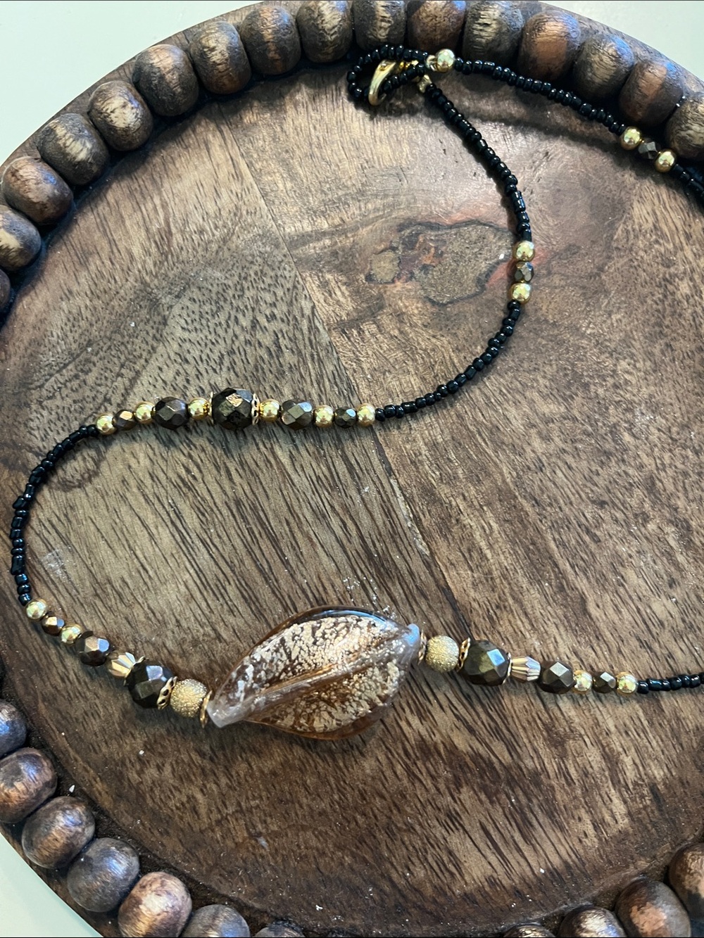 Gold & Black Beaded Glass Pendant Necklace